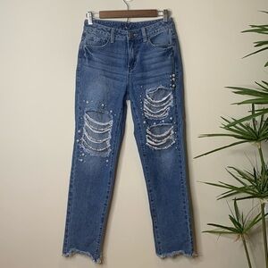 Forever 21 | Blue Denim Pearl Detail Distressed Western Bridal Wedding Jeans S
